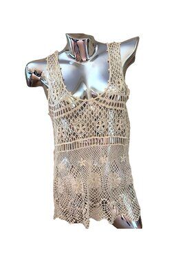 Women's Open Weave Crochet Top Tank Sz M Ivory Lace Doily Boho Festival Coquette